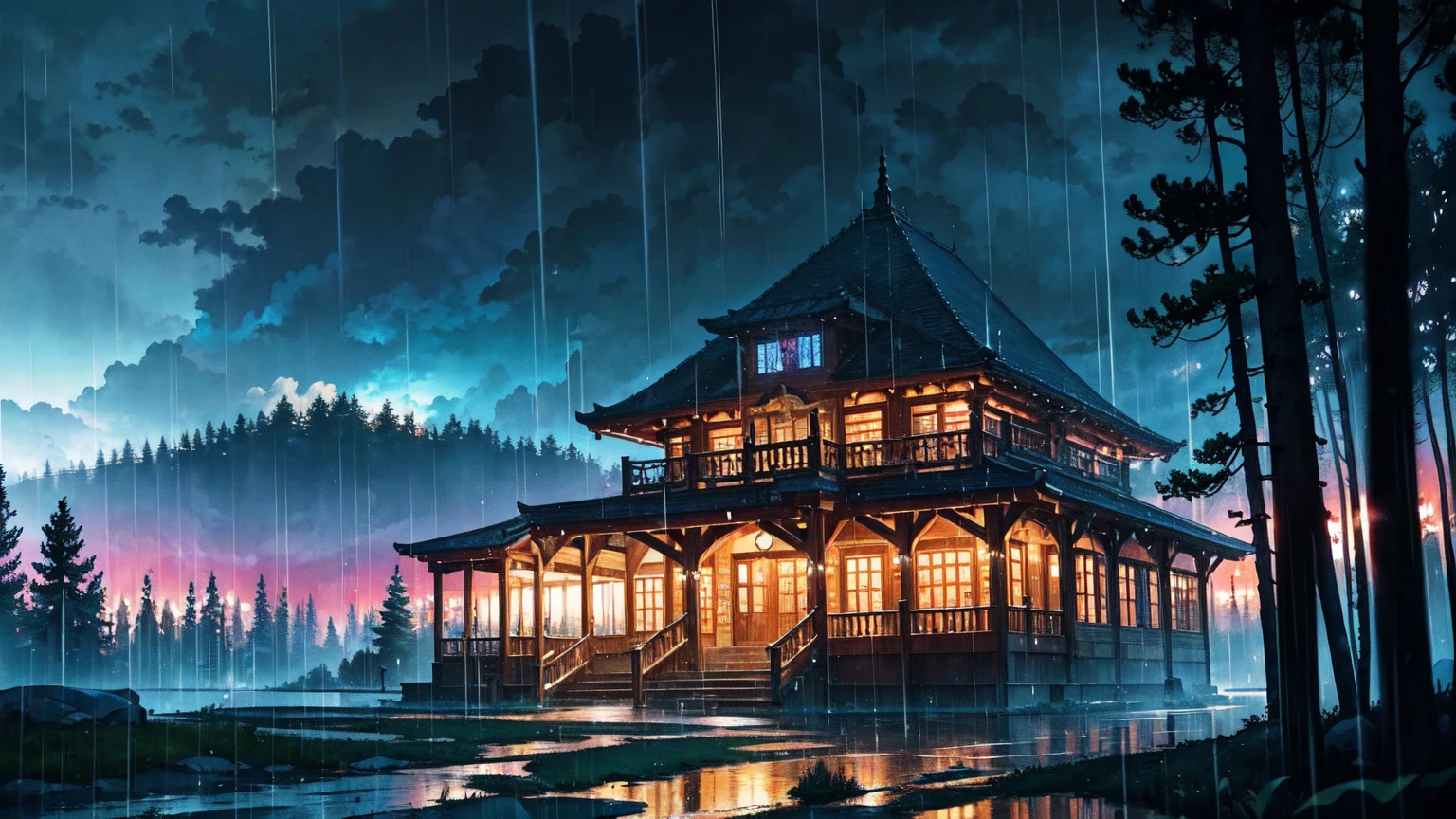 Colorful and bright picture. Fantastic composition with a forest in the foreground and a library in the background. Nostalgic. Makoto Shinkai. A splendid Western-style library beyond the forest. Beautiful composition. Night, heavy rain. A Western-style castle-like library beyond the forest. Vivid. Rainy sky. Heavy rain. Fantastic forest.