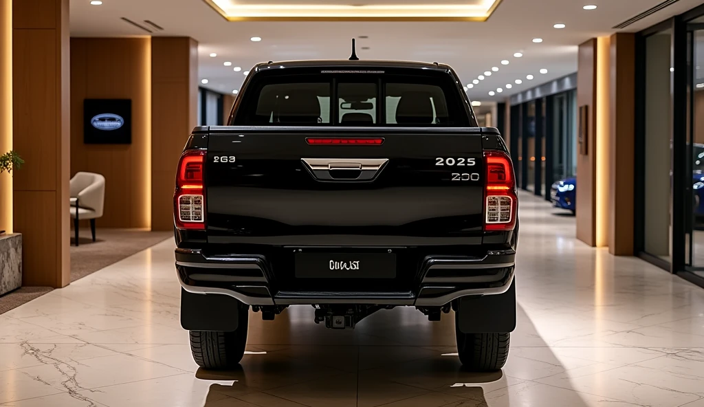A rear-angle view of the luxurious new 2025 black Toyota Hilux, parked in an upscale showroom. The vehicle features a sleek, glossy black finish that accentuates its bold lines and modern design. The taillights, with their sharp LED patterns, stand out against the dark paint, adding a touch of sophistication. The showroom itself is designed with opulent elements like polished marble floors, expansive glass walls, and stylish decor, all illuminated by refined lighting that highlights the vehicle's premium build. The Toyota Hilux exudes power and luxury, perfectly framed in this elegant environment.