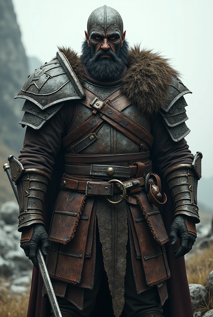 Clothing: Kjarin wears a mix of Ancient Nord Armor and Iron Armor, adorned with trophies from his victims such as teeth, bones, and strips of leather. His armor is heavily worn and covered in grime, yet imbued with powerful enchantments to enhance his brutal combat style.