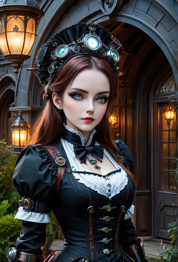 Full moon night,Robot butler at the entrance to the vampire castle garden,Detailed mechanical parts, Butler outfit, Cybernetic eyes,Victorian style, steampunc, Mechanical joint,detailed detail, ambientlighting,training maid