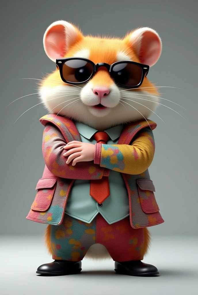 Beautiful picture shows a hamster wearing a many colours suit, tie, and sunglasses, standing with crossed arms Black official shoes. Front side face. It's likely a character from the Telegram game "Hamster Kombat", where players help a hamster CEO manage a virtual crypto exchange.