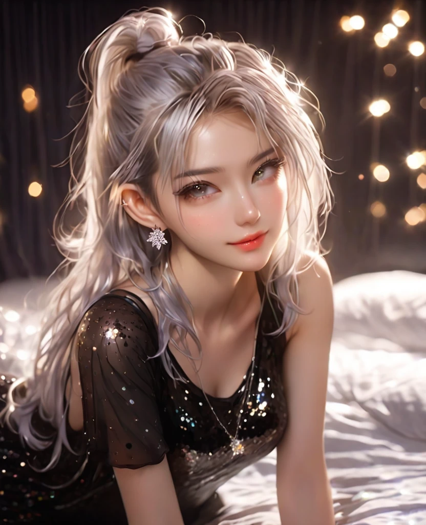 8K,an extremely delicate and beautiful,full body Beautiful and realistic skin,Shiny jewel-like earrings,Bedhead,like glitter white and silver hair,beautiful eyes,black camisole,short shots,asian cute girl,full body,Shining brightly night city