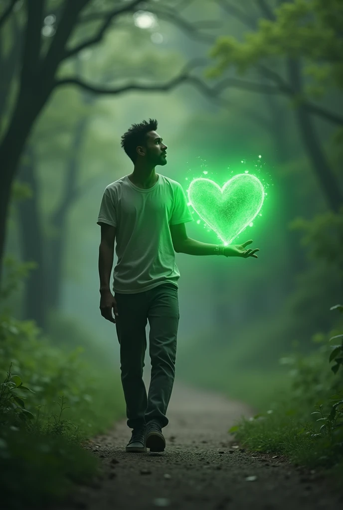 A man is walking and holding a green heart in his hand