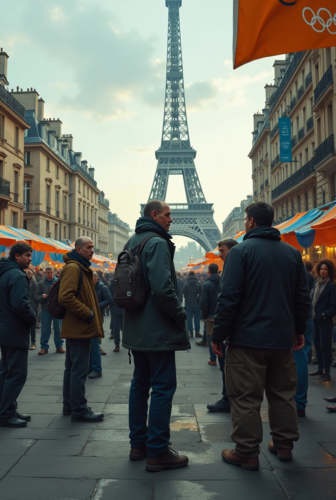 A somber image of Paris celebrating during the Olympics. Next to, a photo of the homeless people looking at the tower somewhat somberly 