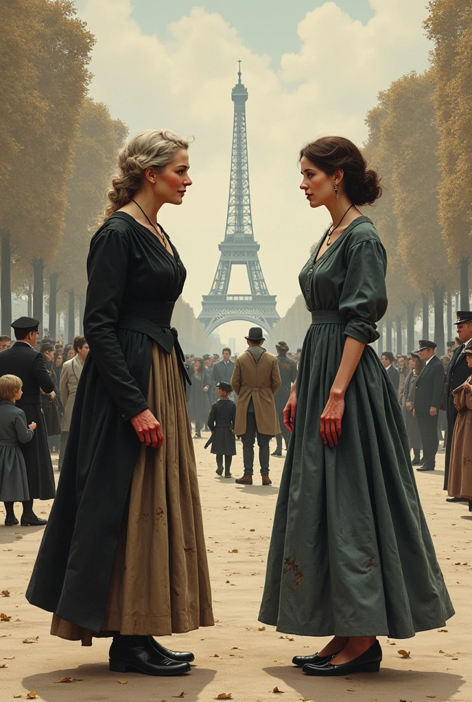 the necklace by guy de maupassant ending scene illustration , two girls are having an conversation in Champs Elysees, one women is Madame Loisel who looked old now. She had become the woman of impoverished households--strong and hard and rough. With frowsy hair, skirts askew and red hands and the other women is Madame Forestier, still young, still beautiful, still charming with a kid beside her