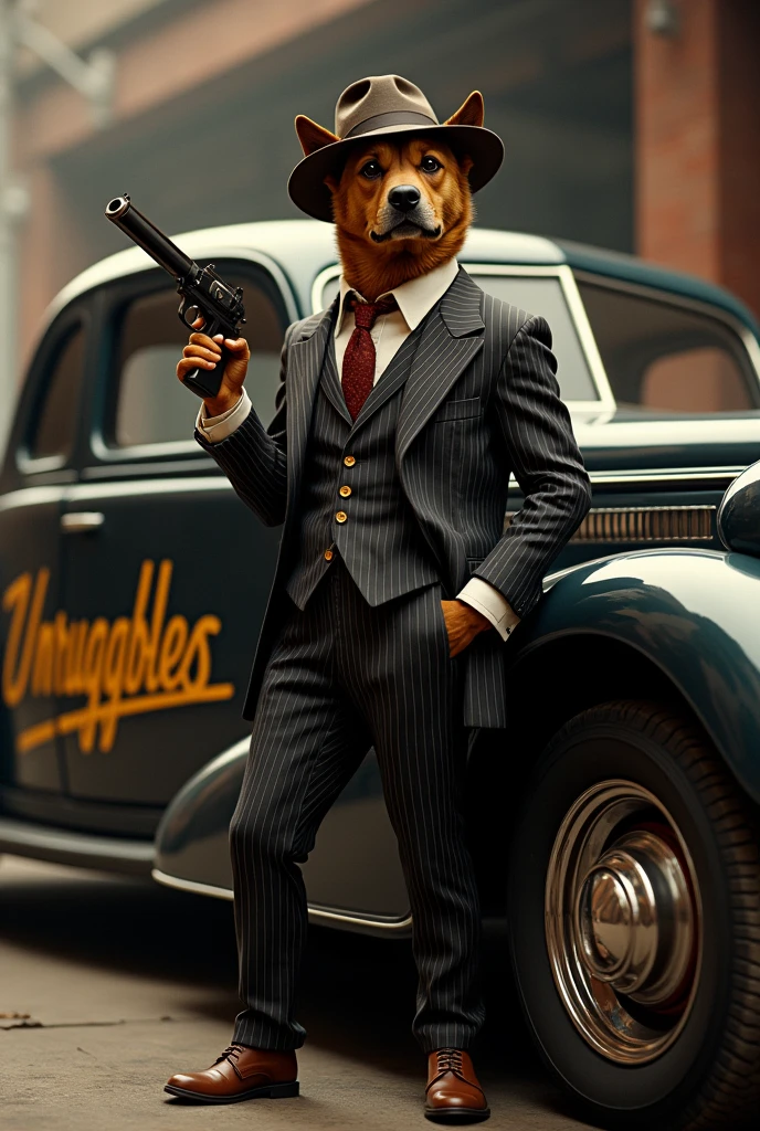 Create an image of a dog standing next to an old-school car. The dog should be dressed in a vintage gangster outfit, smoking a cigar with one hand and holding a tommy gun in the other. The car should have the word 'Unruggables' prominently displayed on its side. The scene should evoke a classic, retro gangster vibe