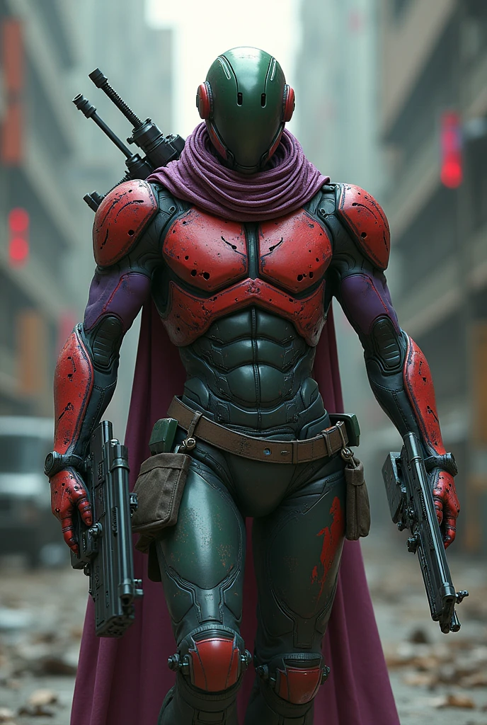 A man with red and purple and green  colour robot and in hand with blood with weapons 


