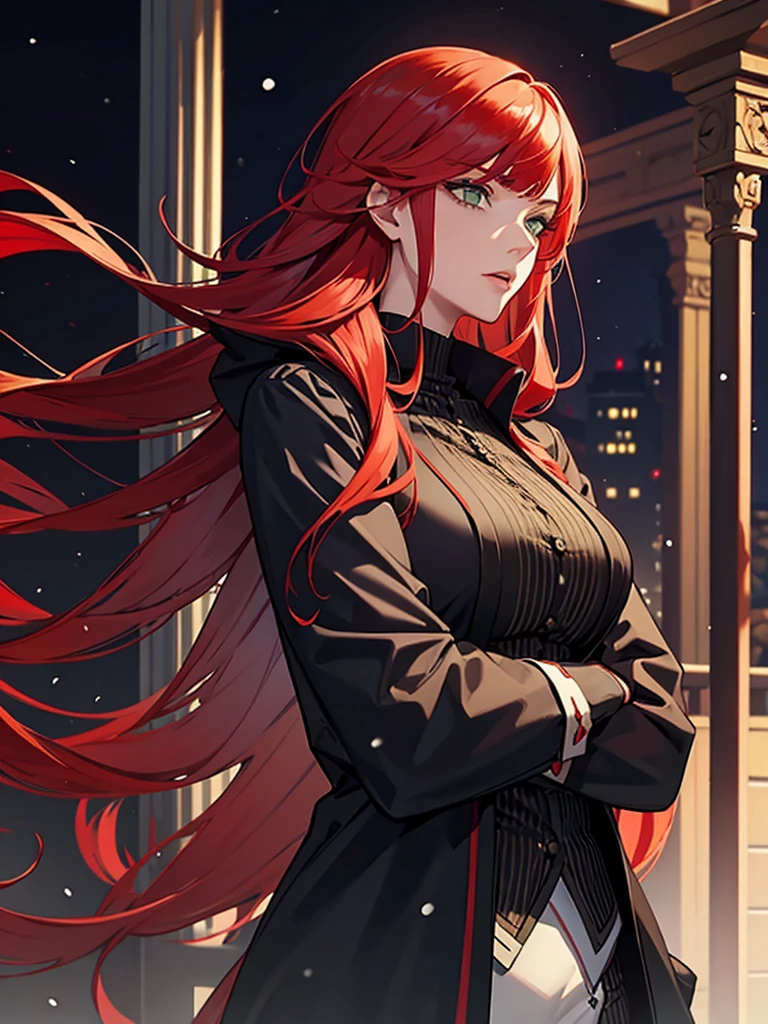 green eyes, red hair with long bangs, noble, mafia. sadistic women, wavy long hair. strong woman. background in winter. spy