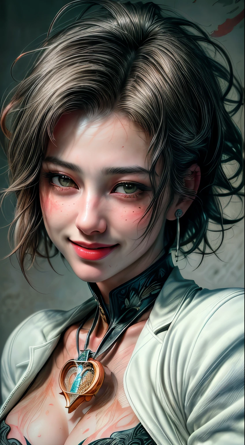 Half-body picture(Masterpiece, Highest quality, Highest picture quality, high resolution, realistic style),Portrait of a charming, short-haired, 20-year-old woman laughing.,((Charming laugh)), tattoo, With a medal around his neck,earring, Torn white suit,Break through ,Big breasts, Sweaty skin with imperfections, (,complicated details ( 8k is very realistic.)