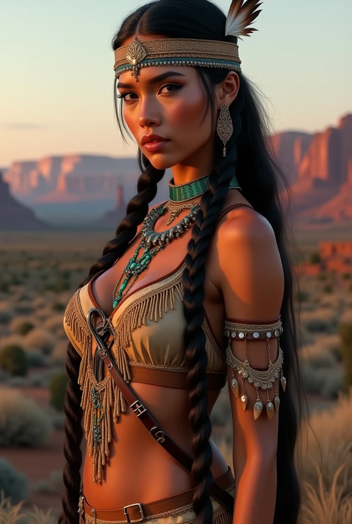 Portrait of Marie Avgelpolous as Pocahontas, Beautiful young Native American woman, Perfectly symmetrical face, Indigenous Feather Jewelry, Traditional handmade dresses((Big Breasts,Huge breasts,,Sexy cleavage,pointed chest)), Butt((You can see the crack of the buttocks))Armed Female Hunter Warrior, (((The pioneering days of America)Western Region))) environment, Utah Landscape, Ultra-photorealism, Concept Art, elegant, ((Complex)), ((Very detailed)), Depth of written boundary, ((Professional Color Grading)), Gentle indirect lighting, evening, 8k, Artgerm,Greg Rutkowski,Art by Alphonse Mucha