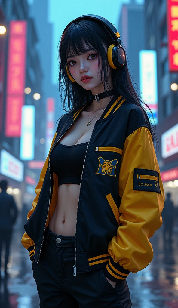 (masterpiece, Highest quality, Highest quality, Very detailed, Most detailed, Official Art, Structure of the film, beautifully、aesthetic:1.2), colorful, 、(Detailed drawn eyes:1.1),Cute Japanese beautiful face, Perfect body, One person, alone, City of night, City, Ratan, street, black | Yellow bomber jacket, (Neon Light:1.1), Small breasts, software, performer, (headphone:1.1), (cyber punk:1.1), (sf:1.1), (stare:1.2), (public:1.2)