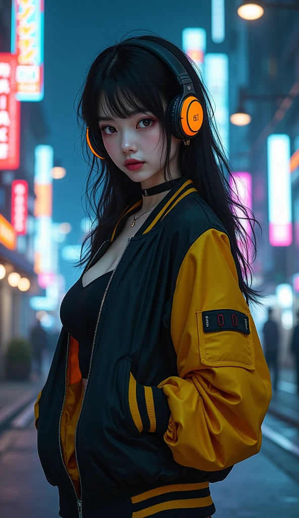 (masterpiece, Highest quality, Highest quality, Very detailed, Most detailed, Official Art, Structure of the film, beautifully、aesthetic:1.2), colorful, 、(Detailed drawn eyes:1.1),Cute Japanese beautiful face, Perfect body, One person, alone, City of night, City, Ratan, street, black | Yellow bomber jacket, (Neon Light:1.1), Small breasts, software, performer, (headphone:1.1), (cyber punk:1.1), (sf:1.1), (stare:1.2), (public:1.2)