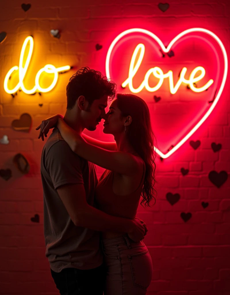 photo of  ,hug neon glow do love with a style in mood and happy a slash yellow glow on the wall, background with red heart neon glow inside of the heart is the DO love word, 90's fashion font graffiti words hug BEAR style, 