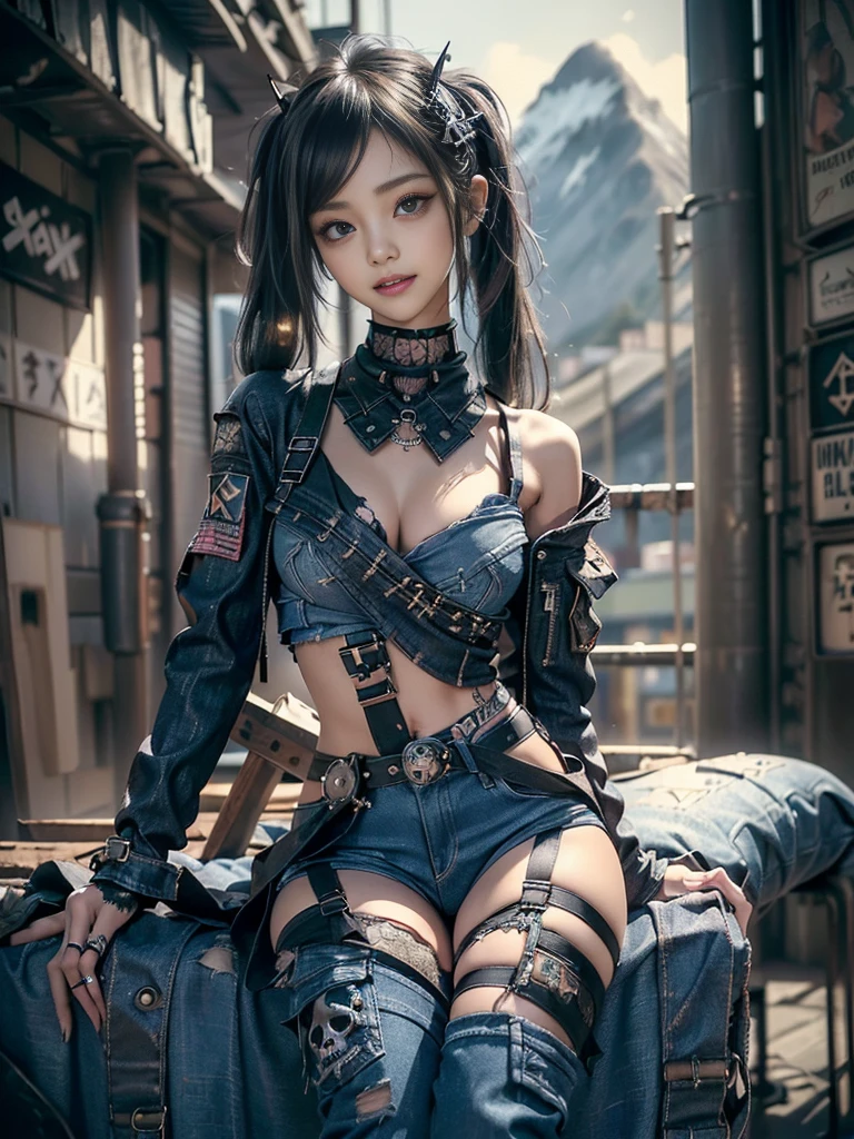 (Beautiful lips and nose:1.4)、(Long eyelashes:1.4)、(Smiling with teeth showing:1.3),(Shibuya Gal:1.5)、(Goth delicate embellished dress:1.5)、(Tattered denim and black punk rock cargo pants:1.5)、(Denim and black navy skull mark small jacket:1.4)、(denim garter belt:1.5)、(Black and denim knee socks:1.3)、(Skull Silver Accessories:1.5)、(Denim collar:1.3)、(Brown Skin Belt:1.4)、(Brown boots:1.2)、(The underwear is striped:1.4)、3、((Highest quality、In 8K、masterpiece:1.3))、Sharp focus:1.2、(Layered Cut、Huge boobs:1.1),Beautiful woman with perfect figure:1.4、(Dancing vigorously:1.3)、Slender Abs:1.2、Highly detailed face and skin texture、Detailed eyes、double eyelid,(Twin tails:1.3)、(Brown-golden hair:1.3)、Gravure idol、(The background is a vast mountain with a clear view々Beautiful luxury resort destination in Europe:1.3)、(Slim Body:1.2),(Make your legs thinner:1.4),(clavicle:1.1)