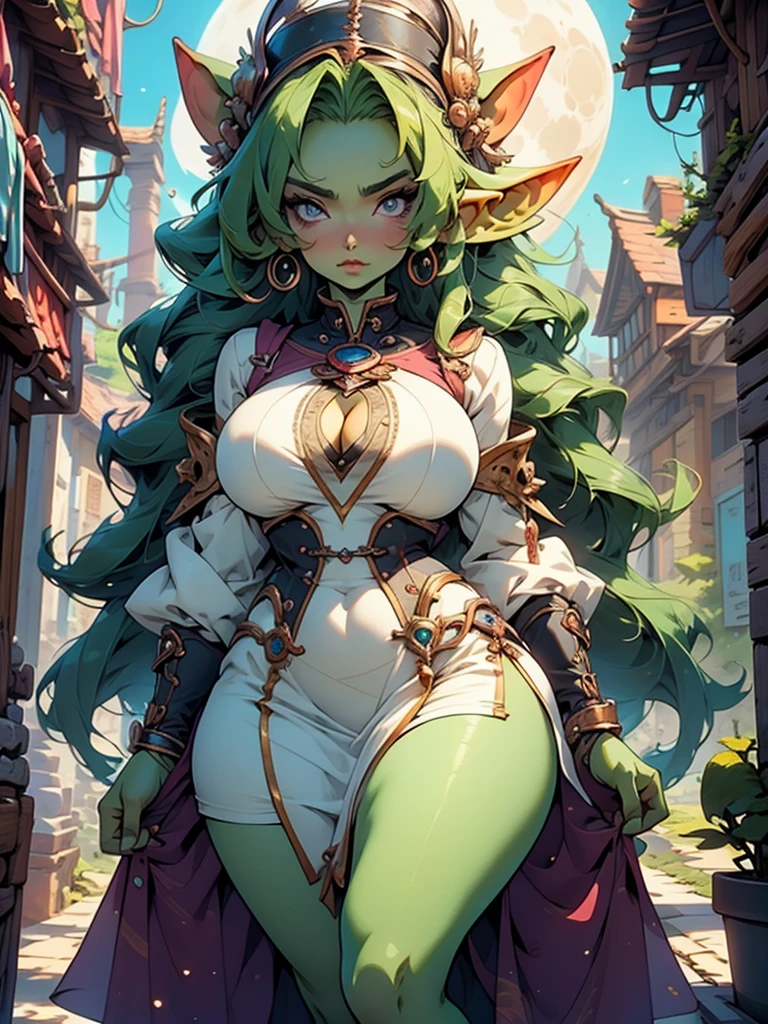 Beautiful anime goddess with long green hair, wearing a short dress, anime key look, moon, large_breast, intricate, hips, highly detailed, wide hips, breathtaking beauty, vibrant and sharp focus, illustration, goblin girl, goblin girl