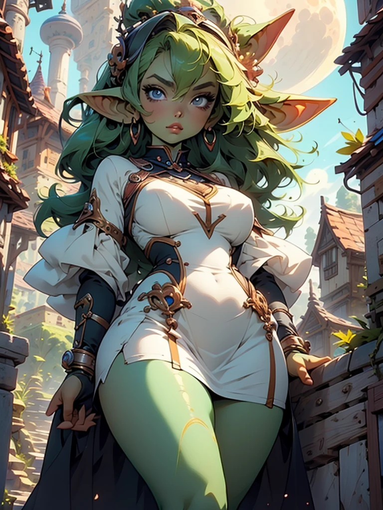 Beautiful anime goddess with long green hair, wearing a short dress, anime key look, moon, large_breast, intricate, hips, highly detailed, wide hips, breathtaking beauty, vibrant and sharp focus, illustration, goblin girl, goblin girl