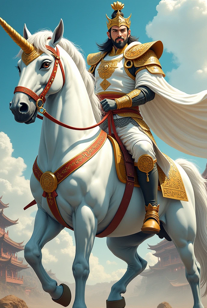 japan comic style, legendary china warrior, with white and gold china armor and wearing helmet, riding unicorn with crystal horn,