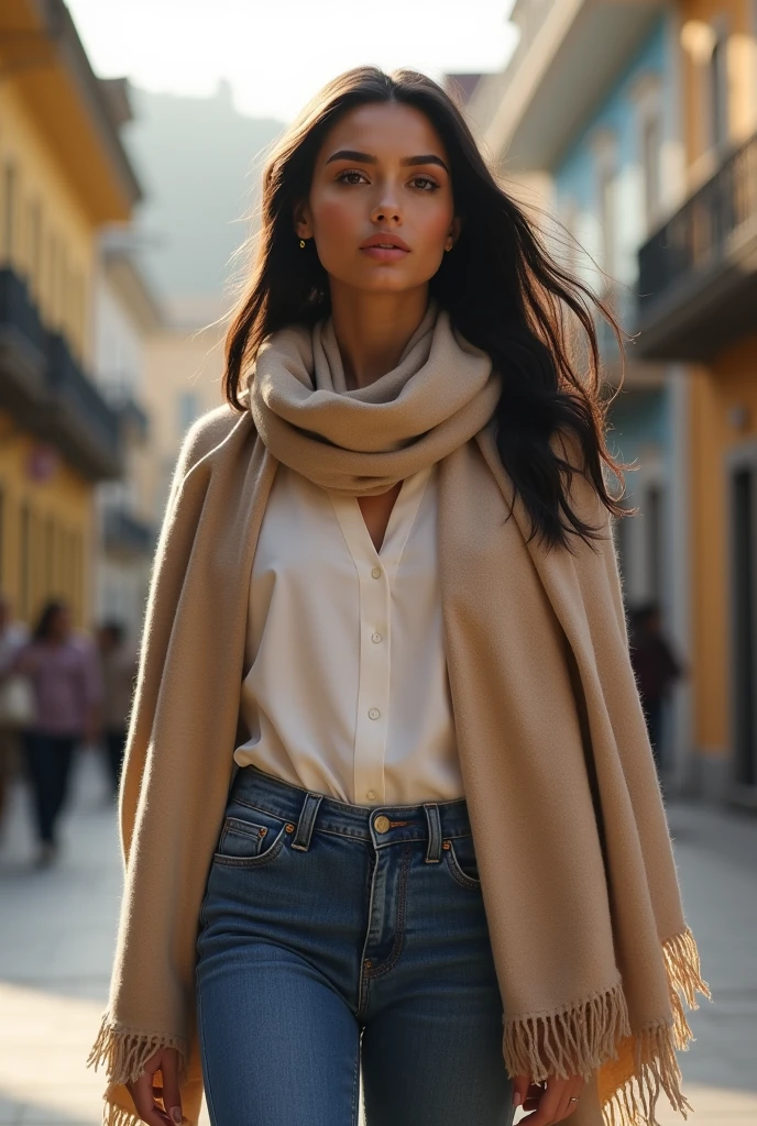 Woman on a cold day in Brazil , wearing jeans, a white blouse and a beige pashmina