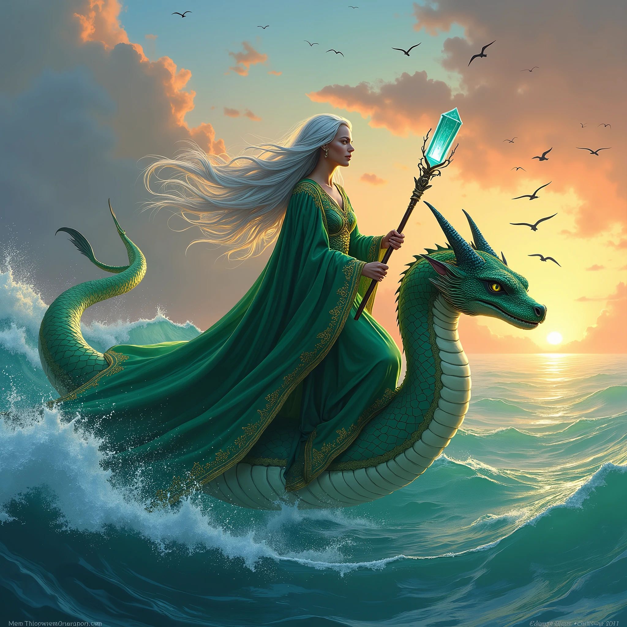 An elf noblewoman riding a sea serpent across the sea、Dungeons＆Dragons