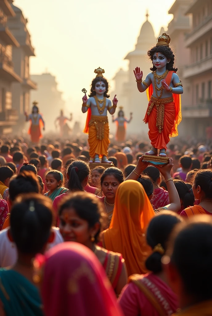 Generate an image of  Jaganadh radhe yatra full of people and happiness in there faces, holding the idols of Sri Krishna, Balaram.. At the morning time in the temple 