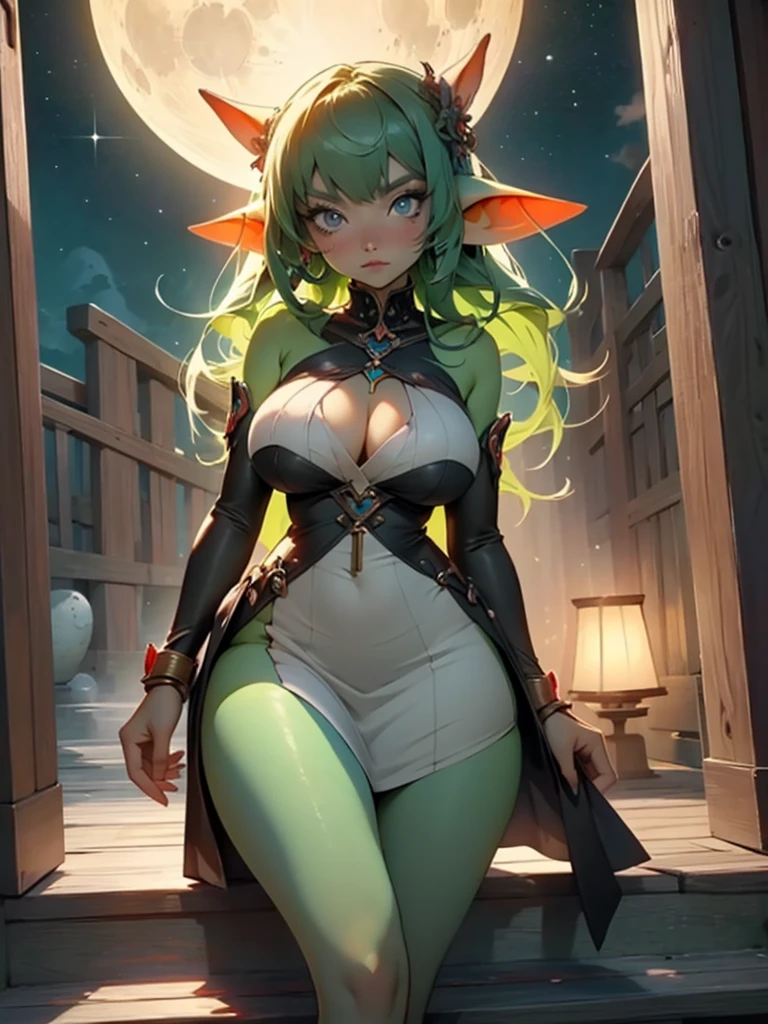 Beautiful anime goddess with long green hair, wearing a short dress, anime key look, moon, large_breast, intricate, hips, highly detailed, wide hips, breathtaking beauty, vibrant and sharp focus, illustration, goblin girl, goblin girl