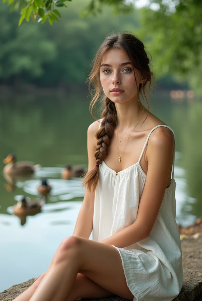 Arafed Femme portant un débardeur blanc et un collier, Fille sexy aux yeux verts, Portrait Sophie Mudd, cheveux bruns et grands yeux, selfie d'une jeune femme.
Passe un après-midi au bord d'une rivière paisible. Elle porte une robe en lin blanc et des sandales en cuir, idéales pour une escapade tranquille. Ses cheveux bruns sont en une tresse décontractée, et elle porte un léger voile de soleil pour une touche d’élégance. En prenant un selfie, elle est assise sur une pierre plate au bord de l'eau, avec des canards nageant à proximité et des arbres verdoyants en arrière-plan. Son sourire est serein et contemplatif, capturant la tranquillité de la nature.