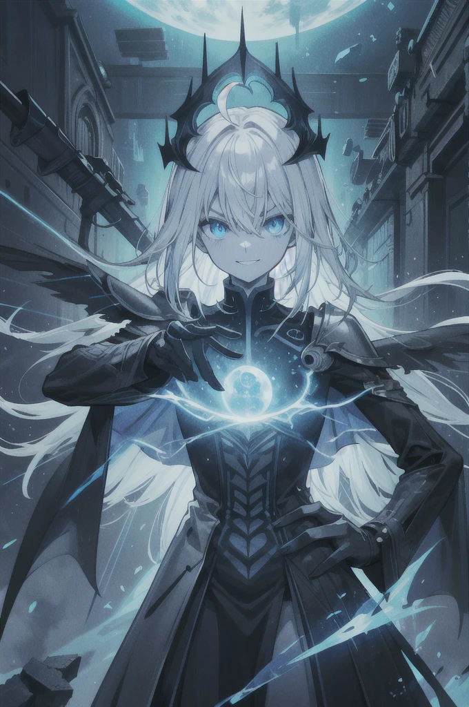 ((Highest quality, masterpiece, Esoteric, Super Resolution)), One person, alone, Pale skin, Ahoge, Gray Hair, Ridiculously long hair, blue eyes, Hair between the eyes,  Flat Chest, Creepy, dark, Grave, Blue Mist, Black Dress, Armor, Fantasy, View your viewers, Armor chetsplate, Spectrum, blue energy, Blue aura, Black Energy, evil, evil党, Movie Posters, evil smile, evil grin, V-shaped eyebrows, crazy, Bodysuits, Futuristic, Shine, Apocalypse, destruction, Black Cape, 
