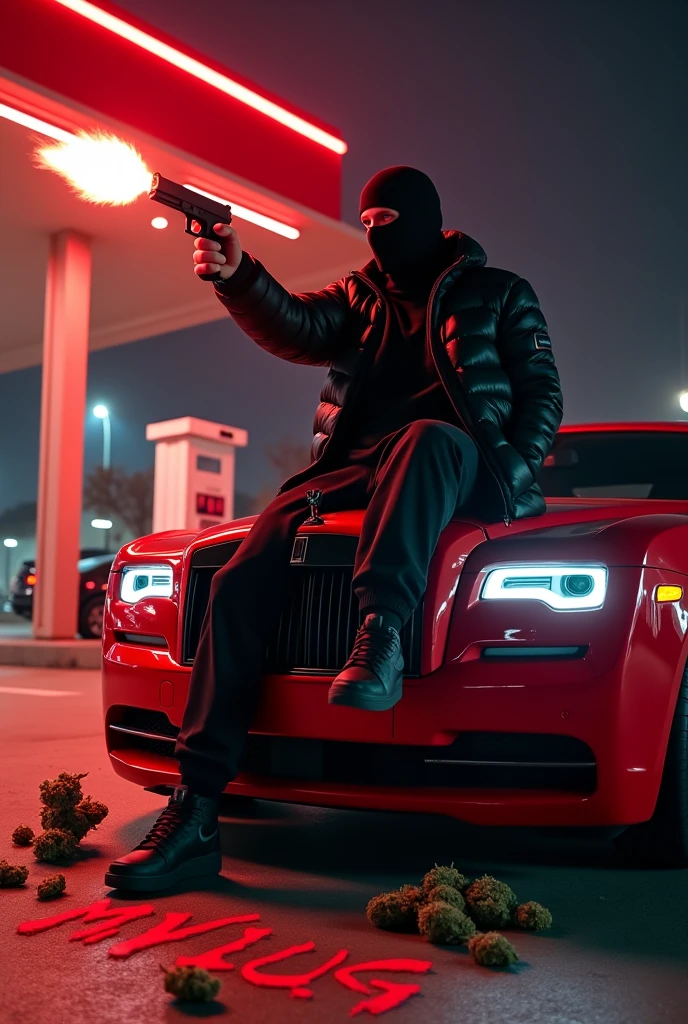 A person with a black moncleor jacket, black jogging pants, black Nike air force and black ski mask and he is shooting a Glock 19 into the air sitting on the hood of a red Royce Royce at night with red light launchers and red background lighting at a gas station and on the ground is a lot of cannabis and above it is written in black MVPlug