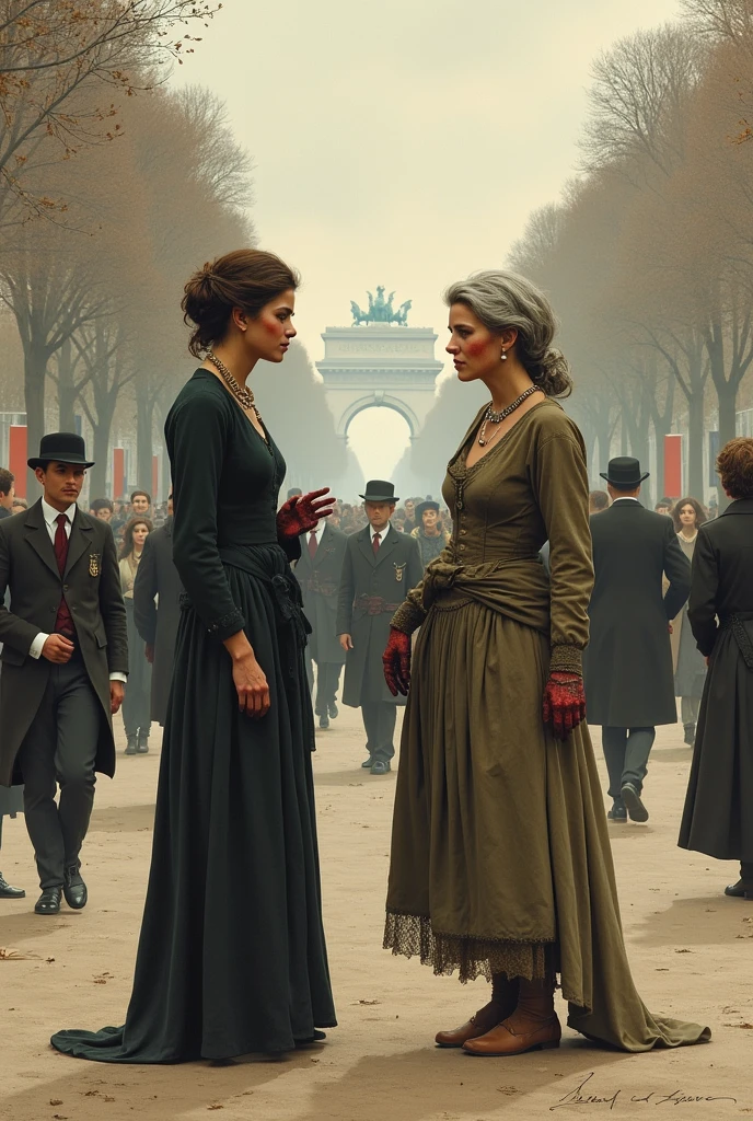 the necklace by guy de maupassant ending scene illustration , two girls are having an conversation in Champs Elysees, one women is Madame Loisel who looked old now. She had become the woman of impoverished households--strong and hard and rough. With frowsy hair, skirts askew and red hands and the other women is Madame Forestier, still young, still beautiful, still charming with a kid beside her