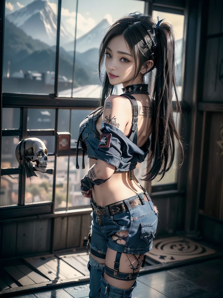 (Beautiful lips and nose:1.4)、(Long eyelashes:1.4)、(Smiling with teeth showing:1.3),(Shibuya Gal:1.5)、(Gothic intricately decorated dress:1.5)、(Tattered denim and black punk rock cargo pants:1.5)、(Denim and black navy skull mark small jacket:1.4)、(denim garter belt:1.5)、(Black and denim knee socks:1.3)、(Skull Silver Accessories:1.5)、(Denim collar:1.3)、(Brown Skin Belt:1.4)、(Brown boots:1.2)、(The underwear is striped:1.4)、3、((Highest quality、In 8K、masterpiece:1.3))、Sharp focus:1.2、(Layered Cut、Huge boobs:1.1),Beautiful woman with perfect figure:1.4、(Dancing vigorously:1.3)、Slender Abs:1.2、Highly detailed face and skin texture、Detailed eyes、double eyelid,(Twin tails:1.3)、(Brown-golden hair:1.3)、Gravure idol、(The background is a vast mountain with a clear view々Beautiful luxury resort destination in Europe:1.3)、(Slim Body:1.2),(Make your legs thinner:1.4),(clavicle:1.1)
