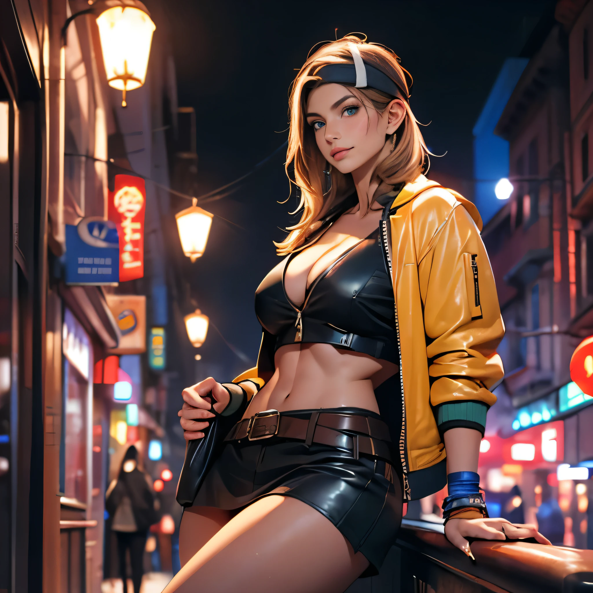 Pretty Caucasian (female), Sarah Shahi, a slim but muscular body, huge exposed cleavage, multi colored hair, white hair, brown hair, blue eyes, (Highly quality, masterpiece, detailed), night city detailed scenario, night city detailed background, 2 girl, solo, Superhero, Rogue, Xtreme, blue eyes, jacket, open clothes, bottom breast visible, belt, open jacket, headband, sexy legs, leather ultra miniskirt, leather jacket, , yellow leather top, green leather top, crop top, navel, naked thighs, ecposed beautifull thighs, perfect face, beautiful eyes, perfect eyes, looking at the viewer, detailed hands and fingers, bold Sexy pose.
