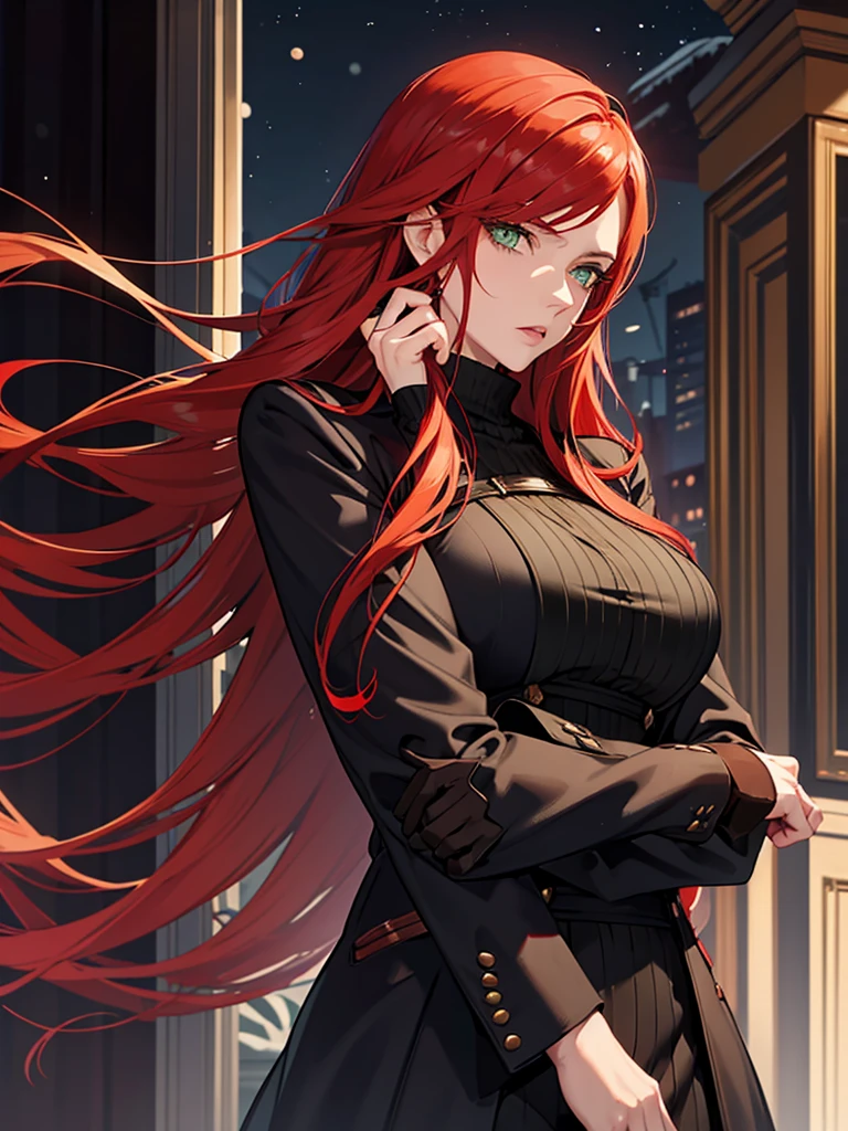 green eyes, red hair with long bangs, noble, mafia. sadistic women, wavy long hair. strong woman. background in winter. spy