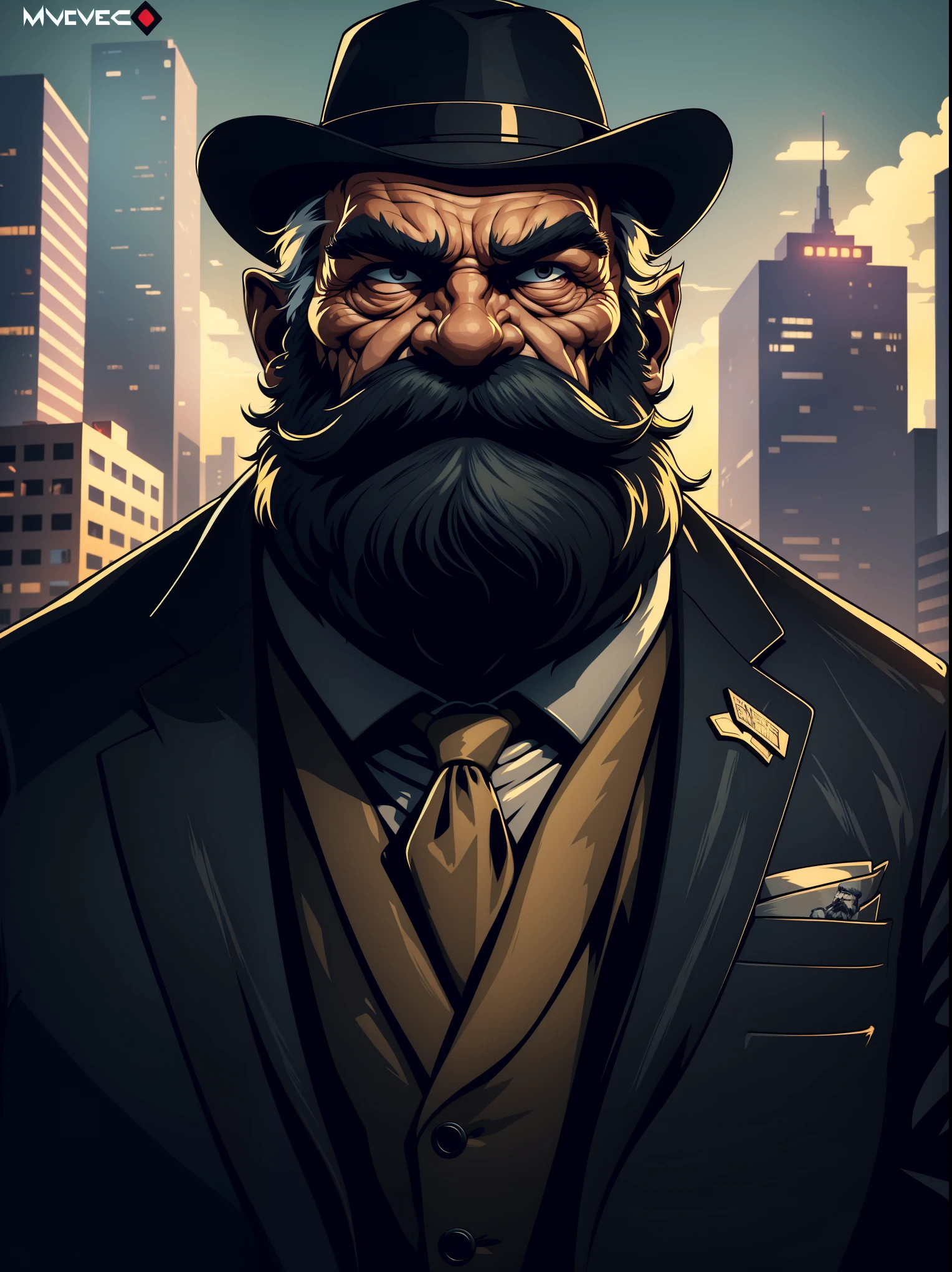 a portrait of an old man wearing a suit, upperbody, standing in a city background, (mwvector), vector, thick mustache, long beard, 8k, high quality, photorealistic, detailed wrinkles, detailed facial features, detailed texture, cinematic lighting, dramatic shadows, moody color palette, warm tones