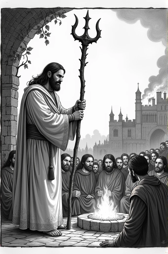 A square frame, In the foreground we see a priest in a toga, holding a stick whose upper end splits into two, accompanied by his disciples around a fire. In the background a medieval town on fire. In a black and white medieval engraving style