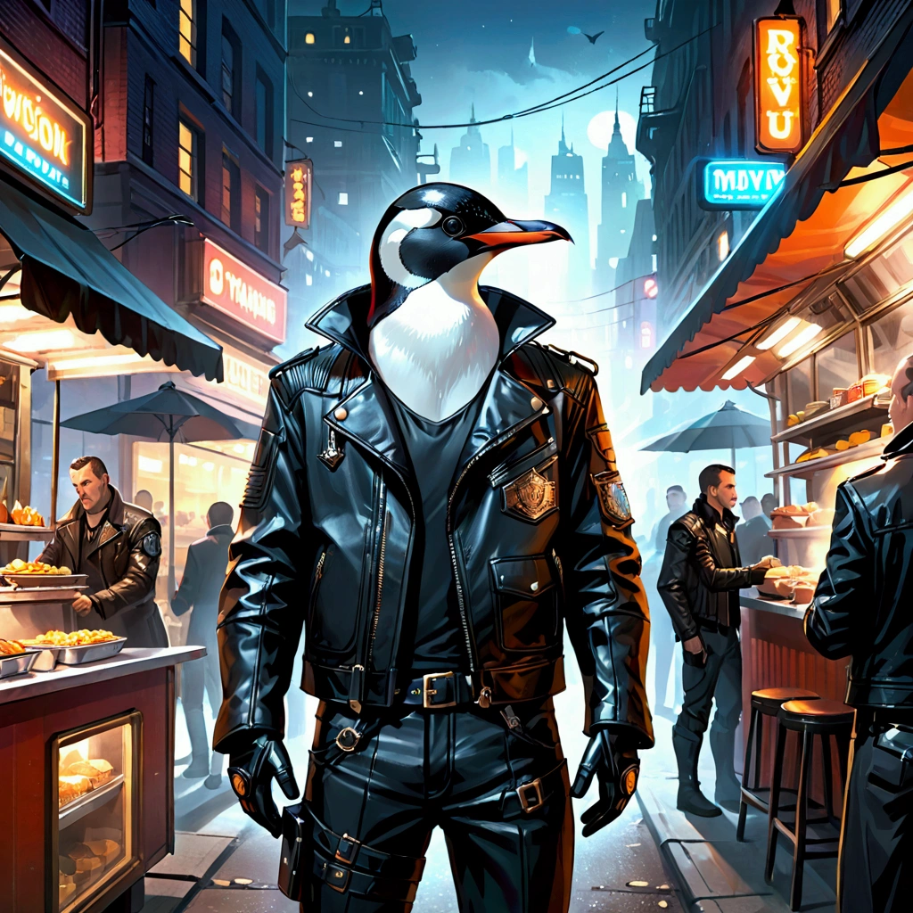 Closeup, steampunk. An extremely badass penguin wearing an insanely cool black leather Harley Davidson biker jacket, black leather biker gloves, black leather biker pants facing a crowded "Bladerunner" street scene at a food truck at night.