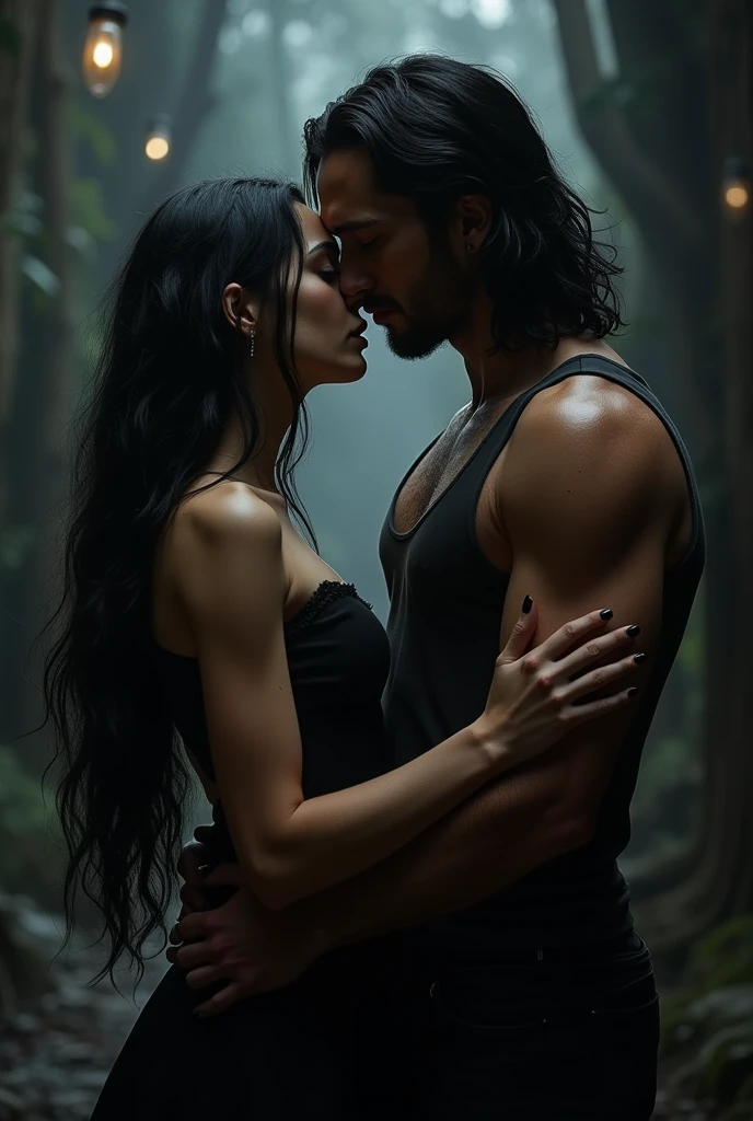 Black haired woman with a handsome white man with long black hair looking dark romance