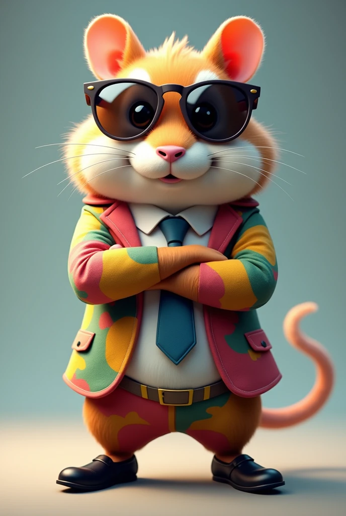 Beautiful picture shows a hamster wearing a many colours suit, tie, and sunglasses, standing with crossed arms Black official shoes. Front side face. It's likely a character from the Telegram game "Hamster Kombat", where players help a hamster CEO manage a virtual crypto exchange.