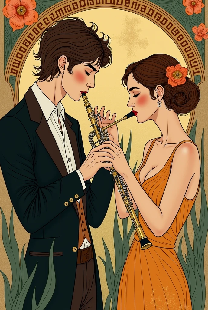Une affiche art nouveau avec un homme brun qui fait de la trompette et une femme brune qui fait de la clarinette 