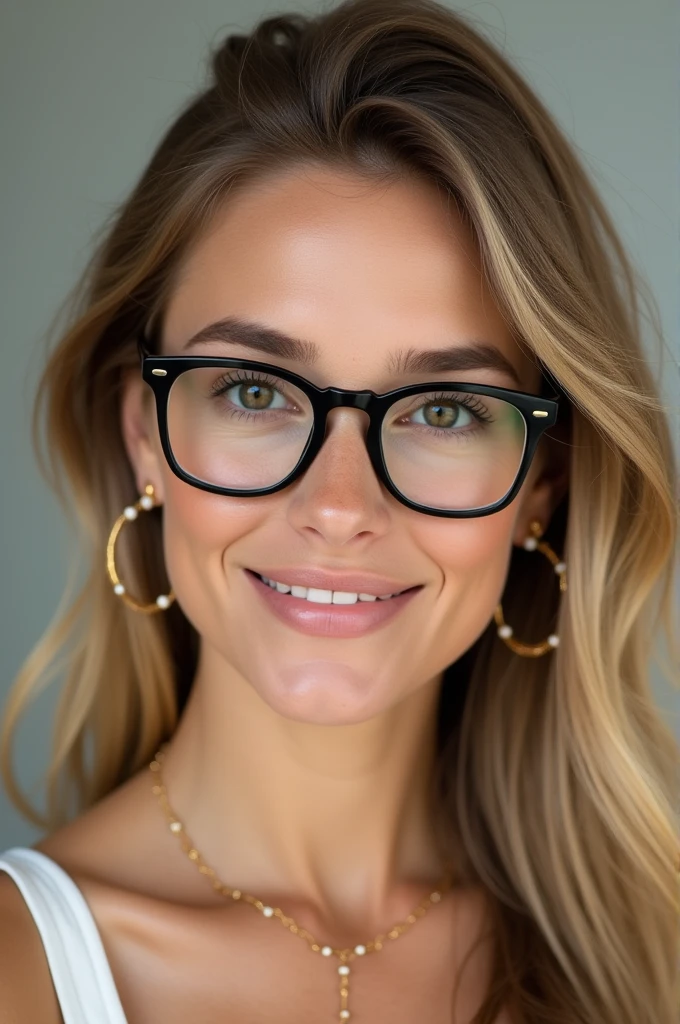 Femme de 35 ans, les cheveux blonds avec differentes nuances. Ses yeux sont marrons et legerement tombant. Ses lunettes sont hexagonales noires. Elle a des petites boucles d'oreilles dorées et autour du cou une chaine dorée avec de petites perles blanches. Elle sourit, ses levres sont fines