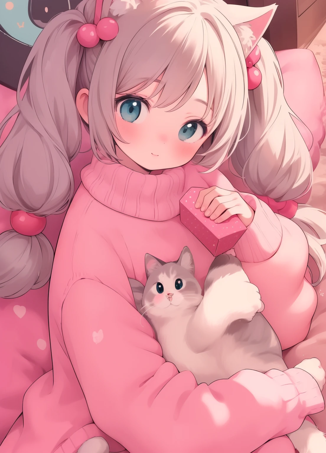 (masterpiece、Highest quality、Highest quality、Official Art、Beautiful and beautiful:1.2)、(One person:1.3)Hatsune Miku、Twin tails,Beautiful breasts, Katsushika Hokusai,Close-up of a person holding a box with a cat on it, anime Cat girl, nekomimi, cute anime Cat girl, Anime Cat, anime visual of a cute cat, cute!! Little!!! Cat girl, Anime Moe Art Style, An anime girl with cat ears, Anime Styleに, Cat girl, Cat girl, Anime Style, cute猫