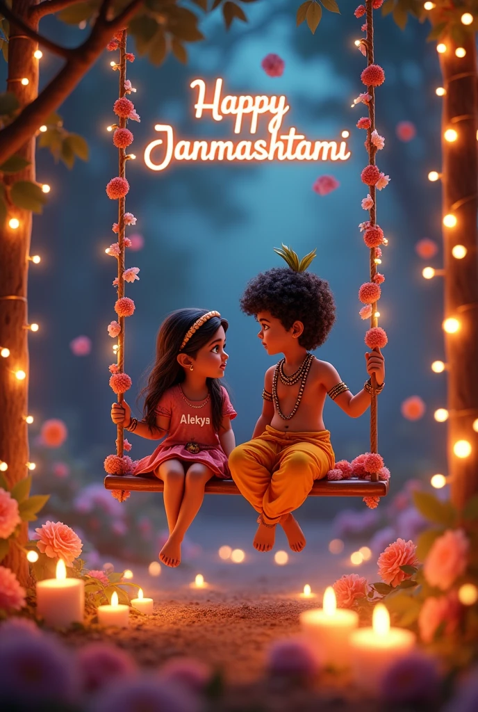Please create image in which Happy Janmashtami Written on background with Illimunating lights and in front there is Swing on which toddler lord Krishna is sitting with girl named as Alekya written on her top, flowers and night scene.