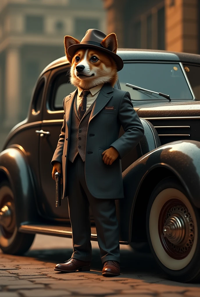 Create an image of a dog standing next to an old-school car. The dog should be dressed in a vintage gangster outfit, smoking a cheroot with one hand and holding a tommy gun in the other. The car should have the word 'Unruggables' prominently displayed on its side. The scene should evoke a classic, retro gangster vibe