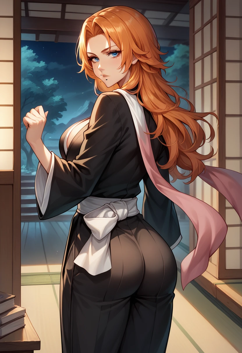 score_9, score_8_up, score_7_up, BREAK, score_9, defran, long hair, orange hair, blue eyes, mole under mouth, necklace, black robes, cleavage, pink scarf, white sash, black hakama pants, looking at viewer, cowboy shot, ass, from behind, dojo, night