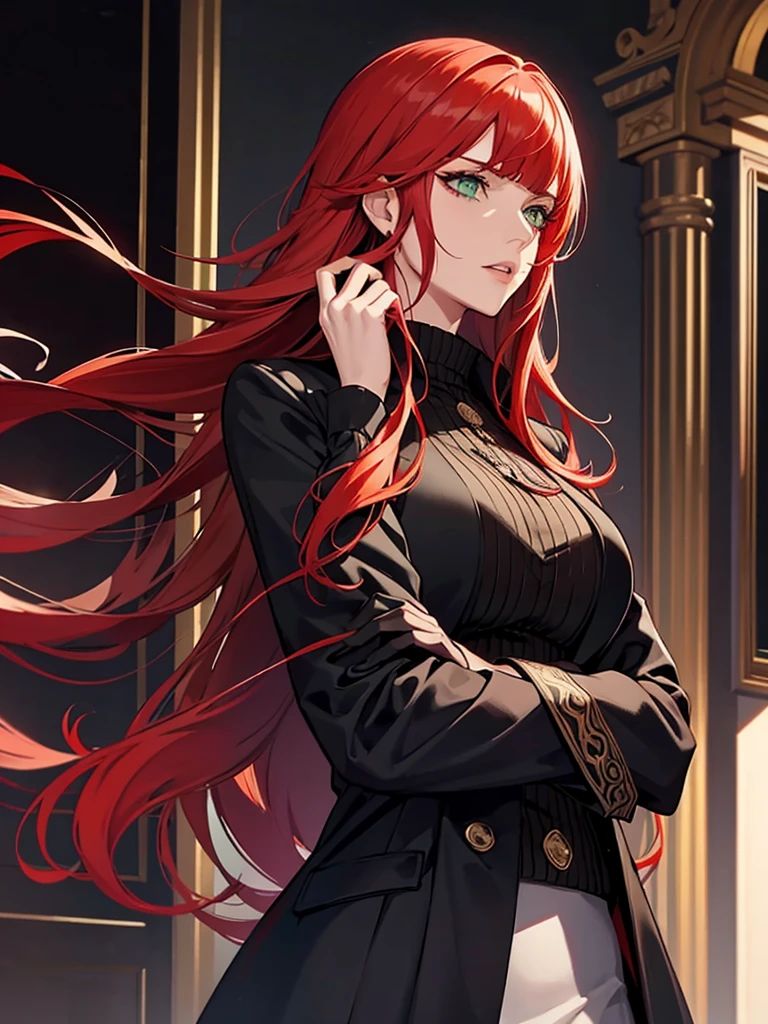 green eyes, red hair with long bangs, noble, mafia. sadistic women, wavy long hair. strong woman. background in winter. spy