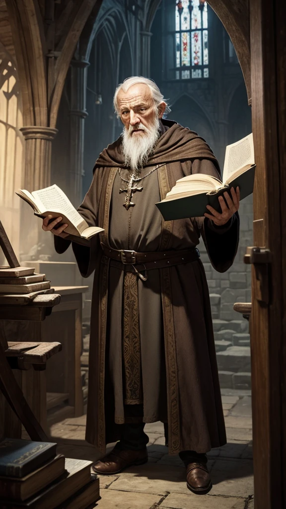 Cleric old man medieval fantasy austere a book in hand