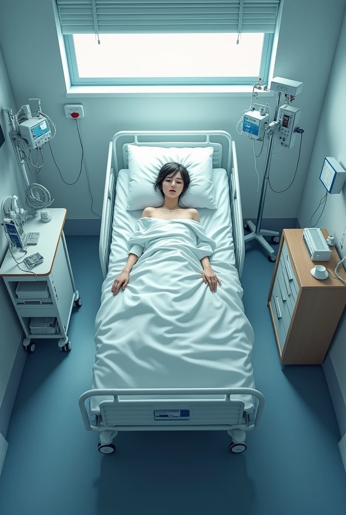 The patient is lying in the hospital cabin