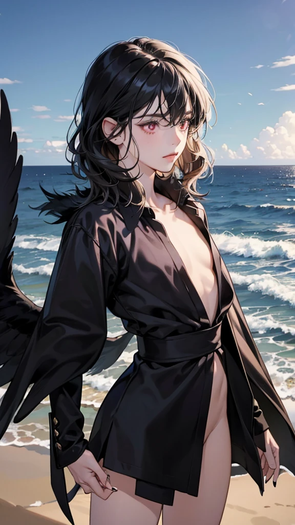NSFW, short boy, feminine small shotacon, holding crow pet, small fragile body femenine, black fur-lined clothes hanging on the shoulder, no shirt(showing core body), black hair, very messy curl hair, bangs, shining crimson eyes, masterpiece, 8k, photorealistic, chiaroscuro lighting, dramatic shadows, cinematic composition, ocean background, wearing black short, sharp black nails
