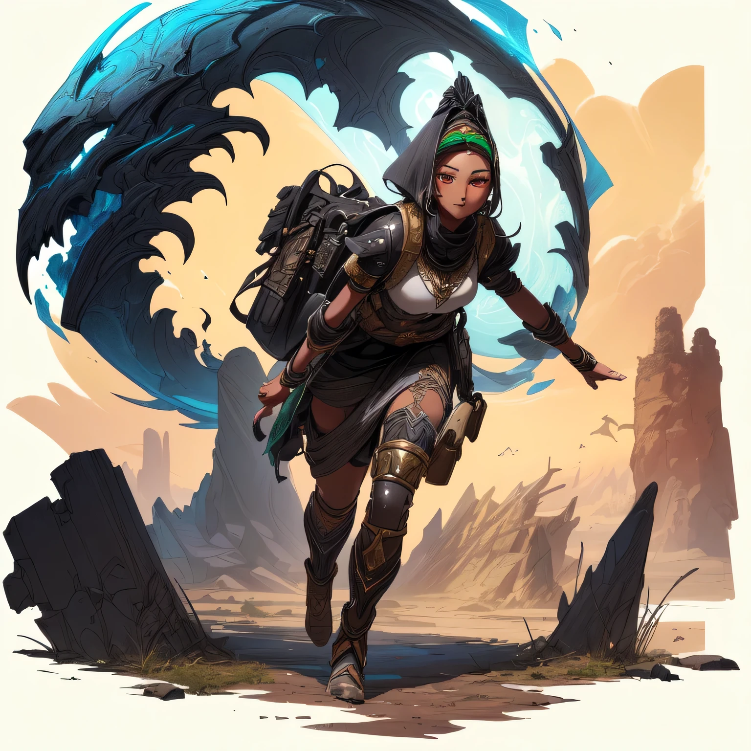 a painting of a ((dark-skinned beautiful African woman: 1.7)) woman with a backpack running through a storm, wearing ancient Egyptian inspired sci fi armor, blowing hair, postapocalyptic explorer, epic digital art illustration, epic full color illustration, epic fantasy digital art style, inspired by Paolo Eleuteri Serpieri epic character art, epic digital painting, post - apocalyptic scavenger, epic scifi character art, roleplaying game art, epic exquisite character art, epic fantasy sci fi illustration