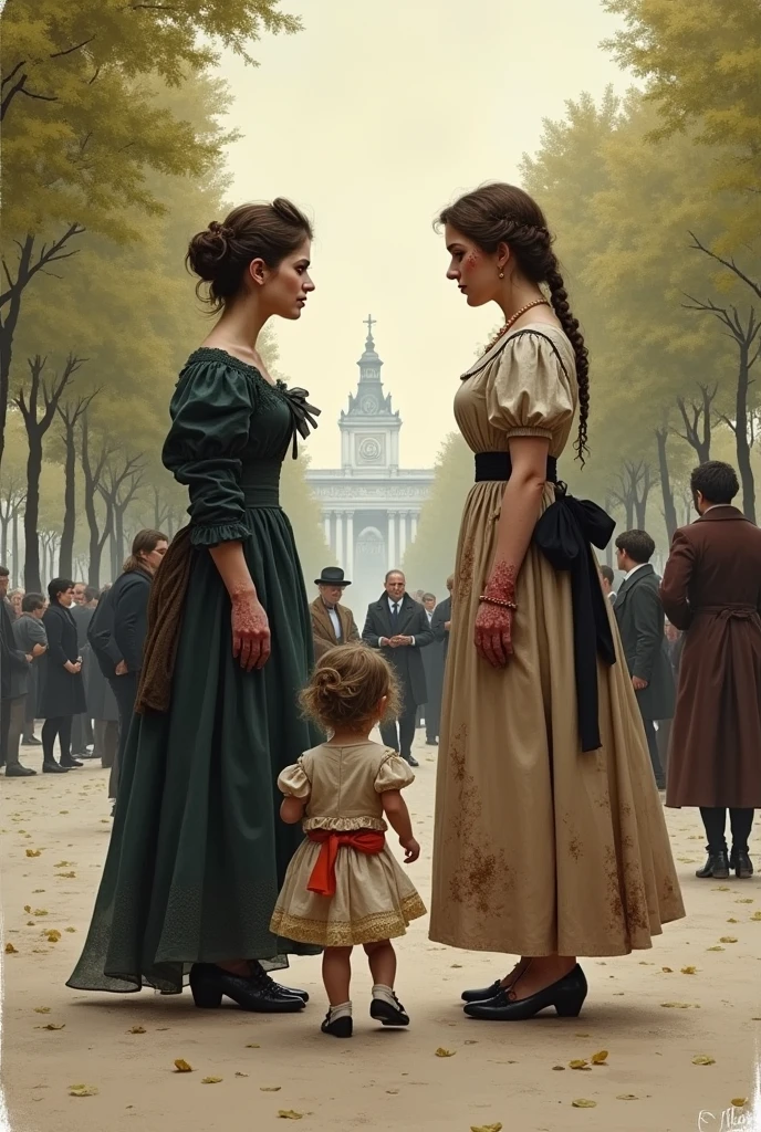 the necklace by guy de maupassant ending scene illustration , two girls are having an conversation in Champs Elysees, one women is Madame Loisel who looked very old now. She had become the woman of impoverished households--strong and hard and rough. With frowsy hair, skirts askew and red hands and the other women is Madame Forestier, still young, still beautiful, still charming with a kid beside her