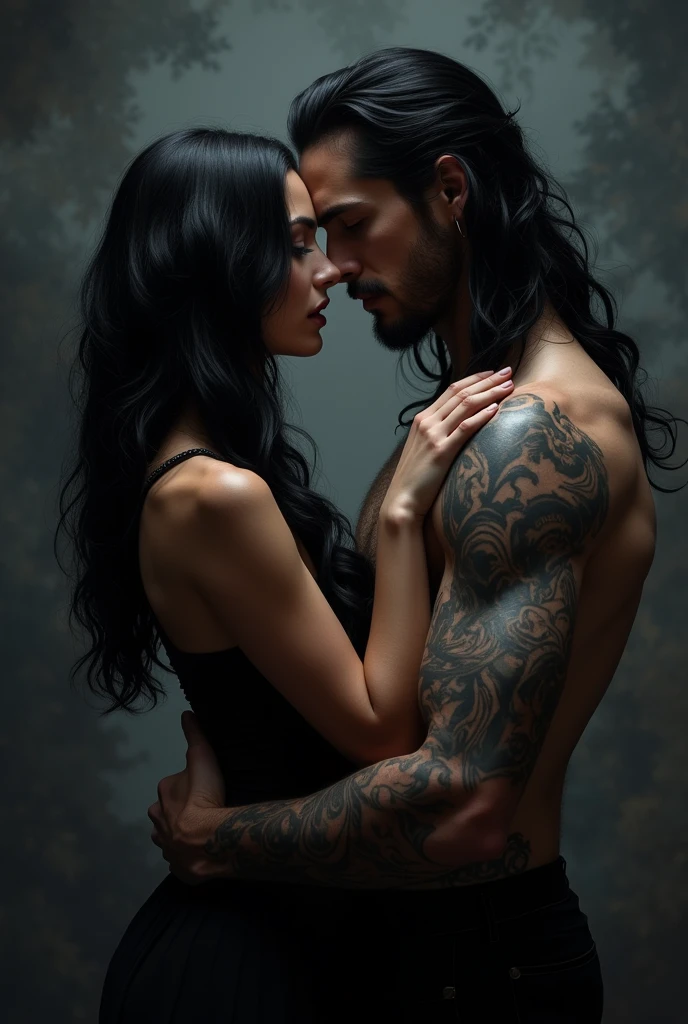 Black haired woman with a handsome white man with long black hair looking dark romance with tattoo on arm